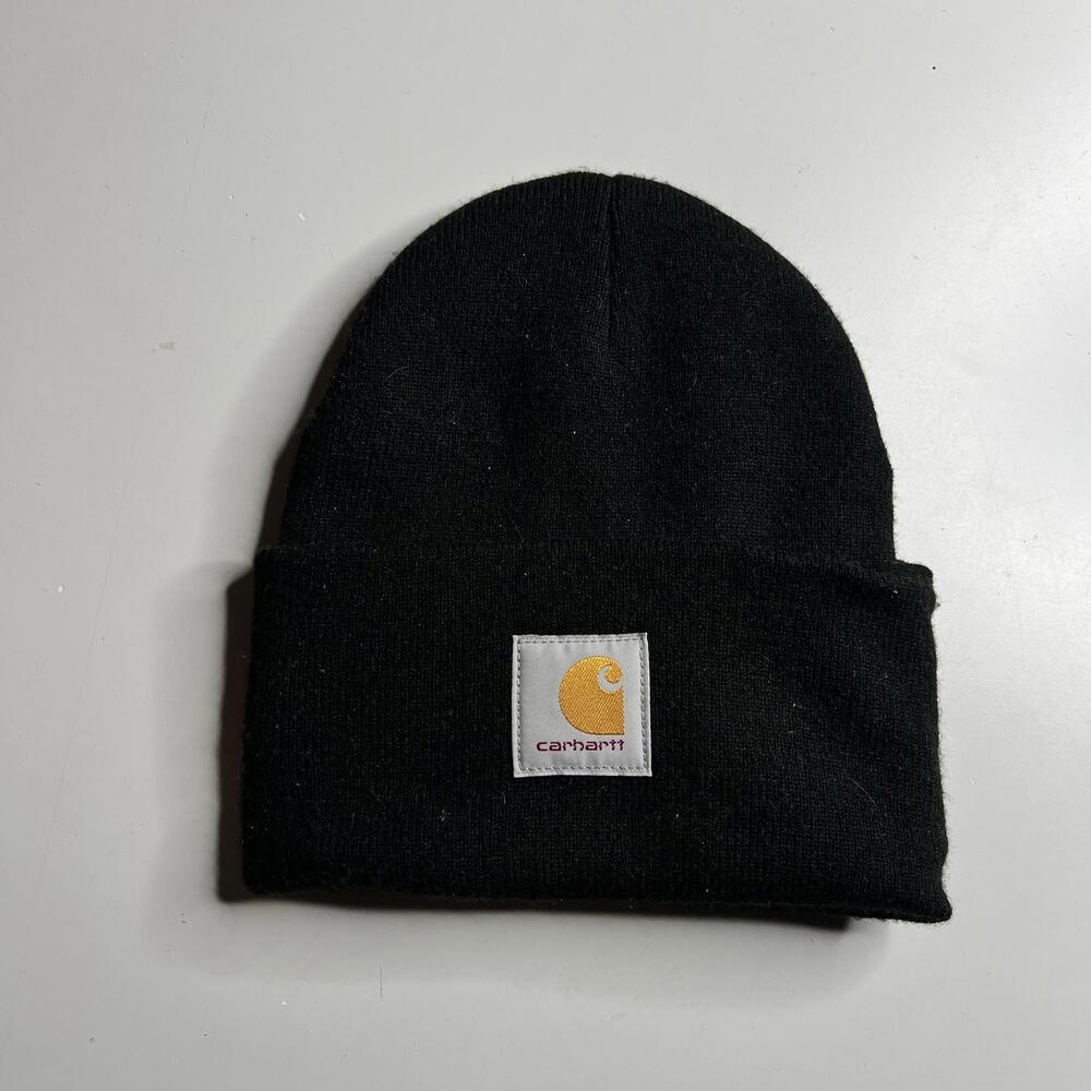 Carhartt Beanie Hat Mens One Size Black Knit Cuffed Logo Patch Workwear A18 BLK